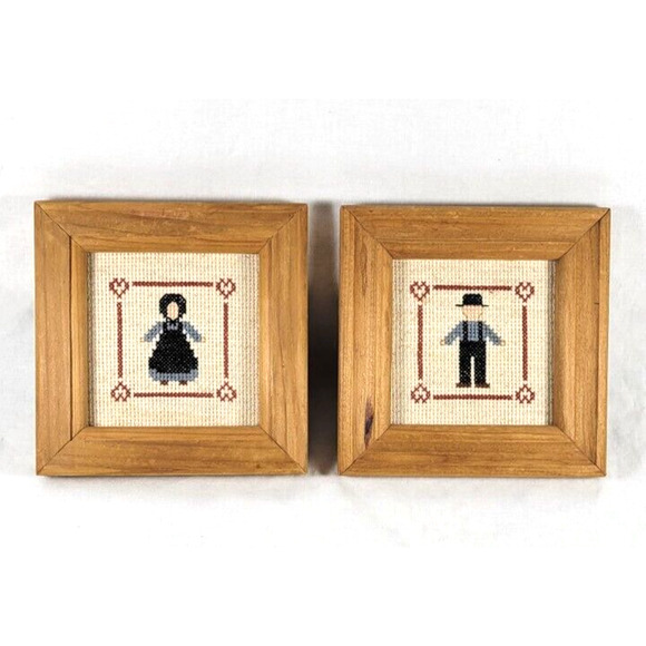 Amish Mennonite Couple Completed Cross Stitch Farmhouse Americana Rustic 5" - Picture 1 of 15
